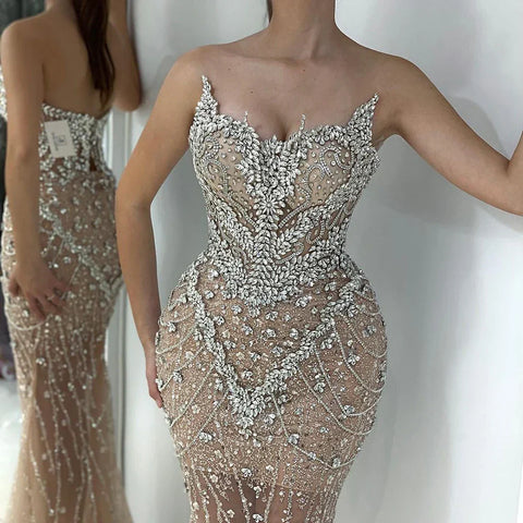Robe de soirée sirène nude 2025 avec cape amovible en cristal et perles, pour une occasion formelle, LA72539 
