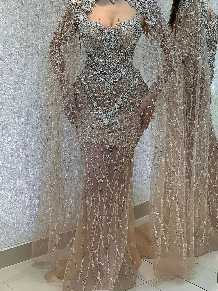 Vestido de noche sirena color nude 2025 con mangas de capa desmontables con cuentas de cristal, ideal para ocasiones formales LA72539 