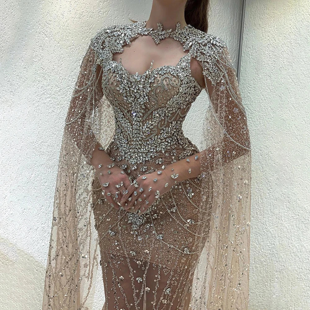 Vestido de noche sirena color nude 2025 con mangas de capa desmontables con cuentas de cristal, ideal para ocasiones formales LA72539 