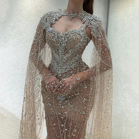 Robe de soirée sirène nude 2025 avec cape amovible en cristal et perles, pour une occasion formelle, LA72539 