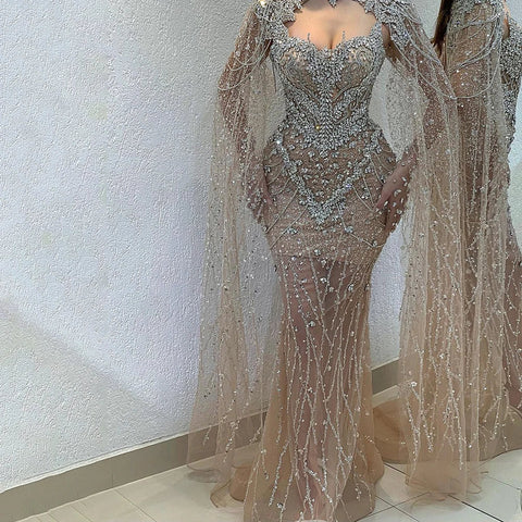 Robe de soirée sirène nude 2025 avec cape amovible en cristal et perles, pour une occasion formelle, LA72539 