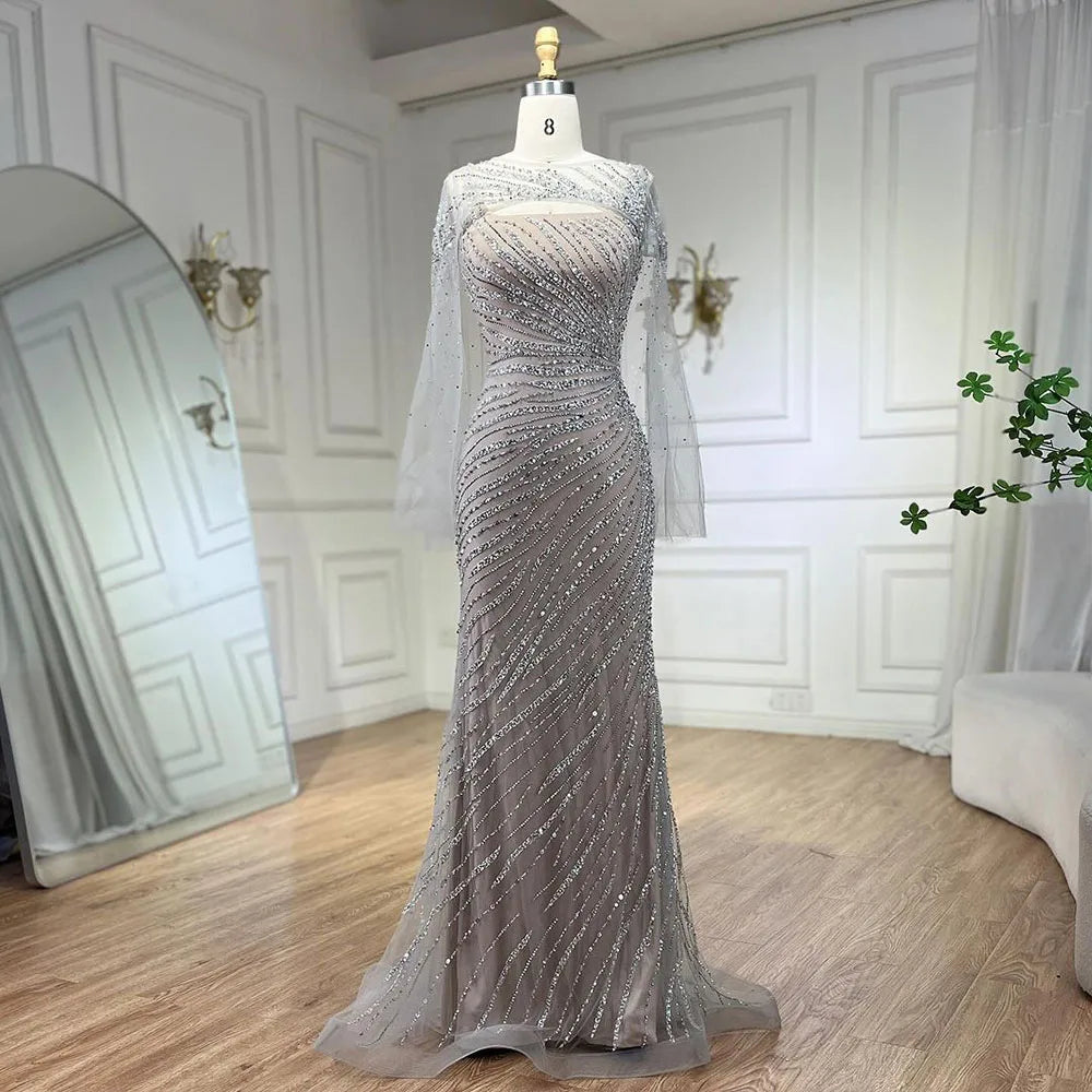 Vestido de noche de lujo elegante color nude plateado con capa y cuentas, corte sirena, para mujer, ideal para bodas y fiestas (LA71380) 
