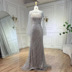 Vestido de noche de lujo elegante color nude plateado con capa y cuentas, corte sirena, para mujer, ideal para bodas y fiestas (LA71380) 