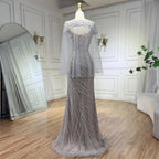 Vestido de noche de lujo elegante color nude plateado con capa y cuentas, corte sirena, para mujer, ideal para bodas y fiestas (LA71380) 