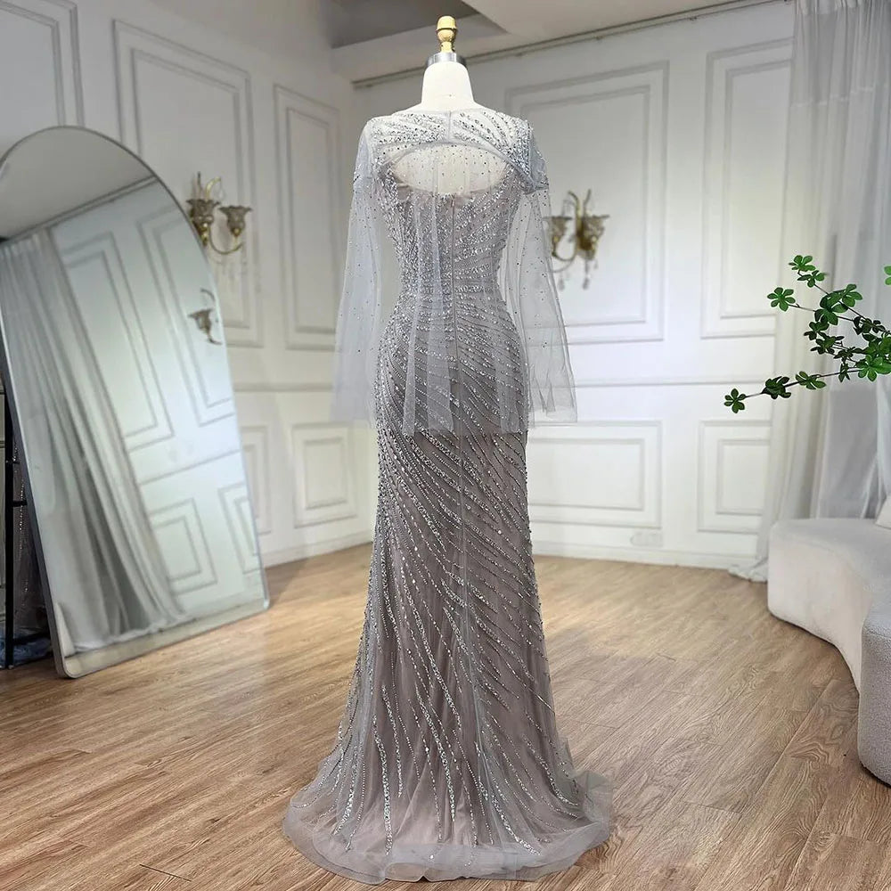 Vestido de noche de lujo elegante color nude plateado con capa y cuentas, corte sirena, para mujer, ideal para bodas y fiestas (LA71380) 