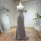 Vestido de noche de lujo elegante color nude plateado con capa y cuentas, corte sirena, para mujer, ideal para bodas y fiestas (LA71380) 