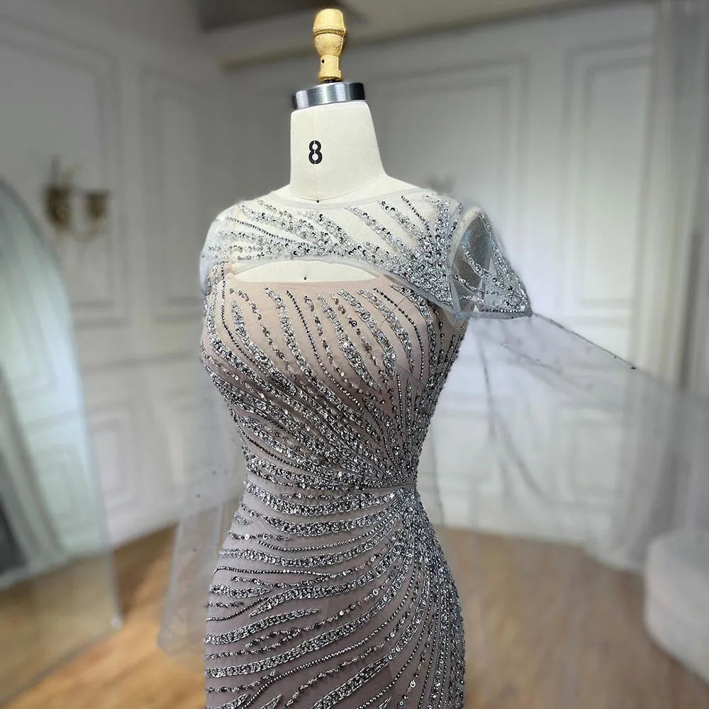 Vestido de noche de lujo elegante color nude plateado con capa y cuentas, corte sirena, para mujer, ideal para bodas y fiestas (LA71380) 