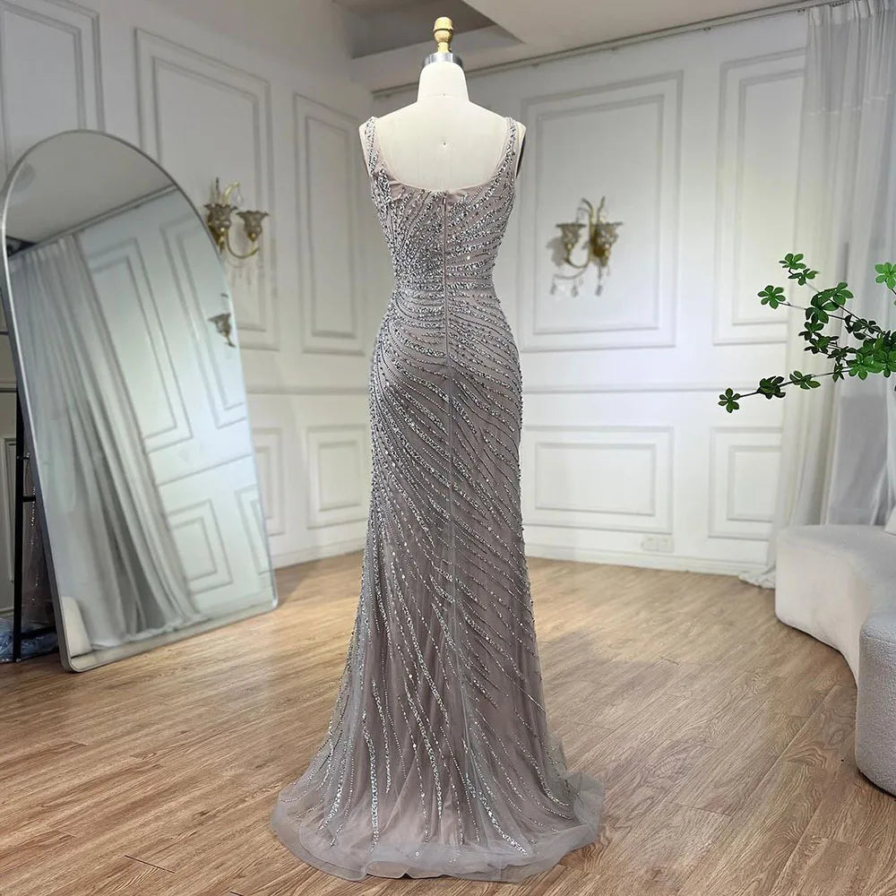 Vestido de noche de lujo elegante color nude plateado con capa y cuentas, corte sirena, para mujer, ideal para bodas y fiestas (LA71380) 
