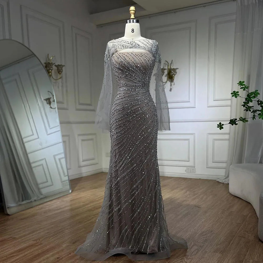 Vestido de noche de lujo elegante color nude plateado con capa y cuentas, corte sirena, para mujer, ideal para bodas y fiestas (LA71380) 