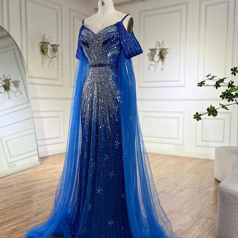 Robe de soirée de luxe sirène bleue à bretelles spaghetti et perles, manches cape, pour une occasion formelle, modèle Saudi LA72707, 2025 