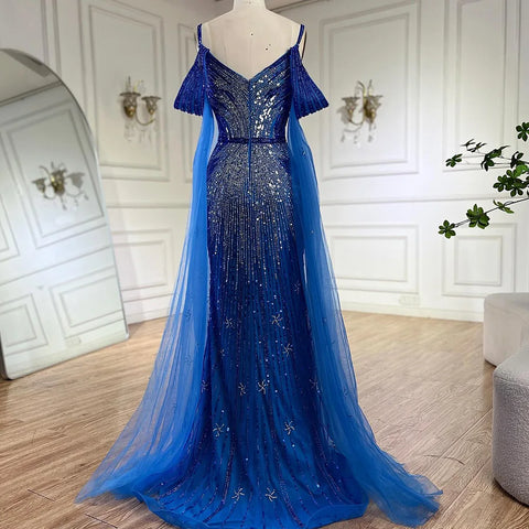 Robe de soirée de luxe sirène bleue à bretelles spaghetti et perles, manches cape, pour une occasion formelle, modèle Saudi LA72707, 2025 