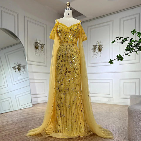 Robe de soirée de luxe sirène bleue à bretelles spaghetti et perles, manches cape, pour une occasion formelle, modèle Saudi LA72707, 2025 