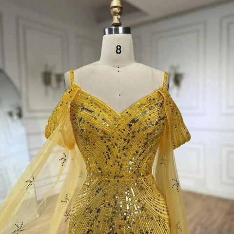 Robe de soirée de luxe sirène bleue à bretelles spaghetti et perles, manches cape, pour une occasion formelle, modèle Saudi LA72707, 2025 