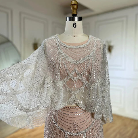 Robe de soirée deux pièces de luxe couleur chair ornée de perles LA72462