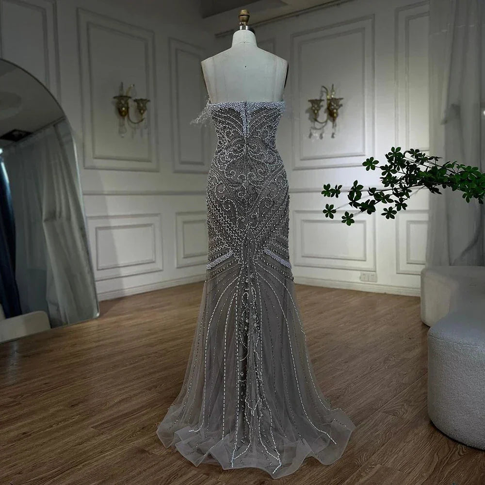 Vestido de noche de lujo para mujer, corte sirena, sin tirantes, con abertura, color blanco nude, con perlas y cuentas, ideal para bodas y fiestas (LA72522) 