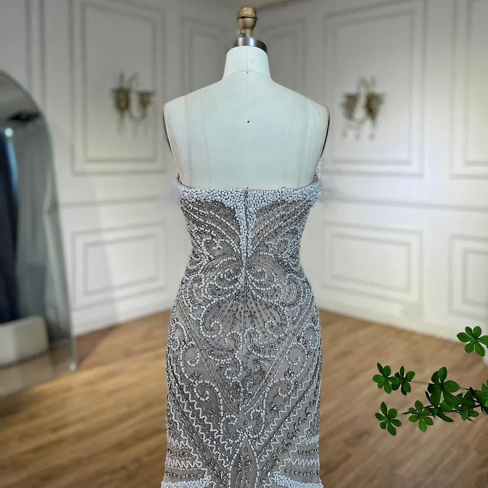 Vestido de noche de lujo para mujer, corte sirena, sin tirantes, con abertura, color blanco nude, con perlas y cuentas, ideal para bodas y fiestas (LA72522) 