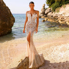 Vestido de noche de lujo para mujer, corte sirena, sin tirantes, con abertura, color blanco nude, con perlas y cuentas, ideal para bodas y fiestas (LA72522) 