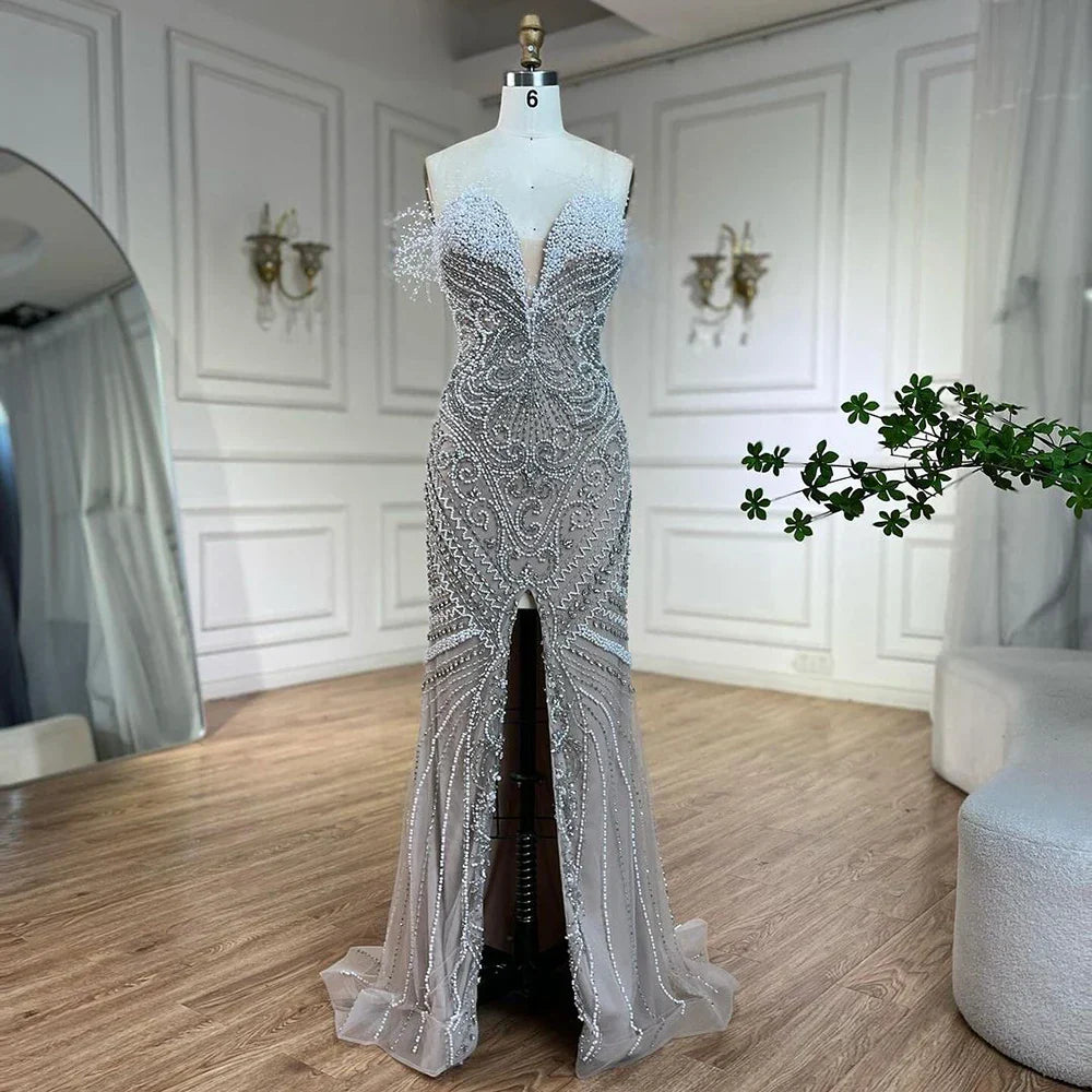 Vestido de noche de lujo para mujer, corte sirena, sin tirantes, con abertura, color blanco nude, con perlas y cuentas, ideal para bodas y fiestas (LA72522) 