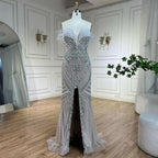 Vestido de noche de lujo para mujer, corte sirena, sin tirantes, con abertura, color blanco nude, con perlas y cuentas, ideal para bodas y fiestas (LA72522) 