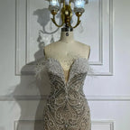 Vestido de noche de lujo para mujer, corte sirena, sin tirantes, con abertura, color blanco nude, con perlas y cuentas, ideal para bodas y fiestas (LA72522) 