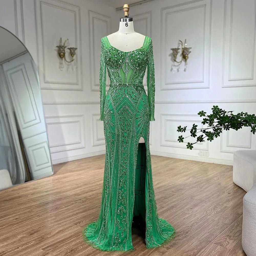 Vestidos de noche de lujo con cuentas para mujer, estilo sirena elegante con abertura, color verde, para bodas en Dubái, Arabia Saudita (LA72518) 