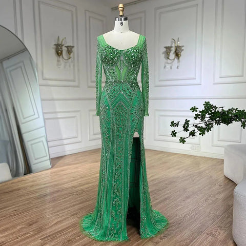 Robe de soirée de luxe perlée pour femmes, tenue de mariage, style sirène fendue, verte, Dubaï, Arabie saoudite, LA72518, 2025 