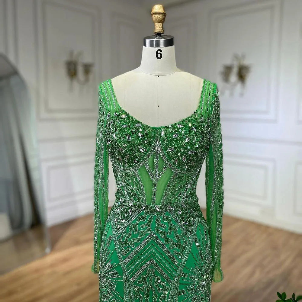 Vestidos de noche de lujo con cuentas para mujer, estilo sirena elegante con abertura, color verde, para bodas en Dubái, Arabia Saudita (LA72518) 