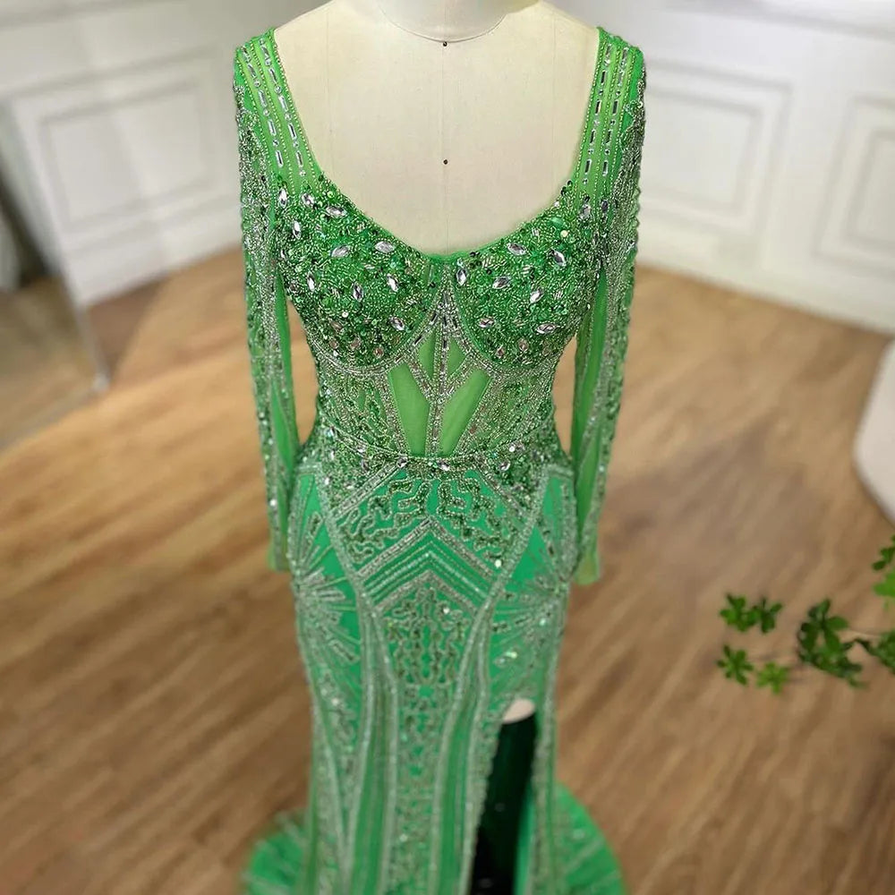 Vestidos de noche de lujo con cuentas para mujer, estilo sirena elegante con abertura, color verde, para bodas en Dubái, Arabia Saudita (LA72518) 