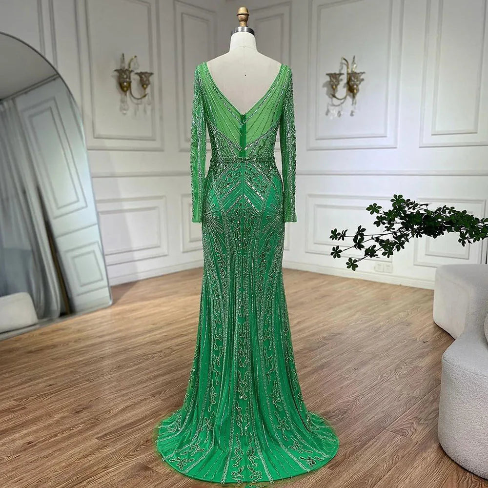 Vestidos de noche de lujo con cuentas para mujer, estilo sirena elegante con abertura, color verde, para bodas en Dubái, Arabia Saudita (LA72518) 