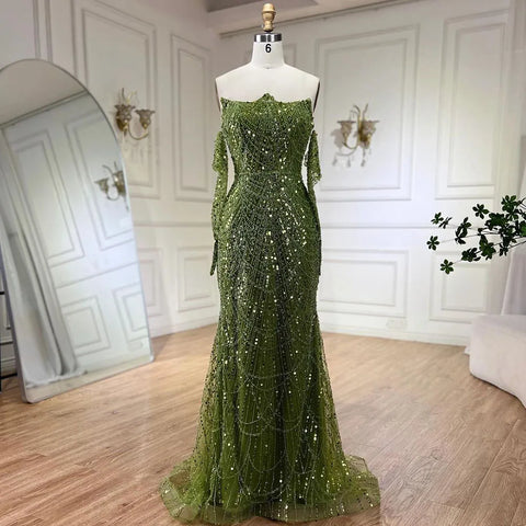 Luxury Pearls Green Mermaid Evening Dress with Gloves LA72352 Plush Size