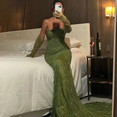 Luxury Pearls Green Mermaid Evening Dress with Gloves LA72352 Plush Size