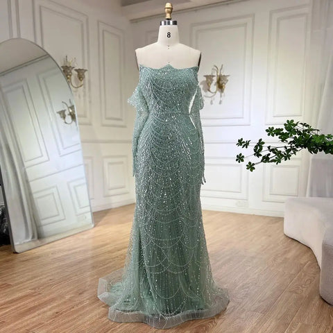 Luxury Pearls Green Mermaid Evening Dress with Gloves LA72352 Plush Size