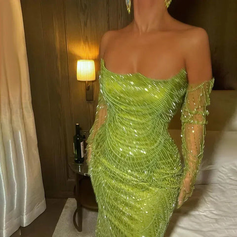 Luxury Pearls Green Mermaid Evening Dress with Gloves LA72352 Plush Size