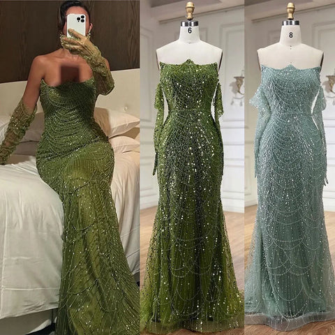 Luxury Pearls Green Mermaid Evening Dress with Gloves LA72352 Plush Size