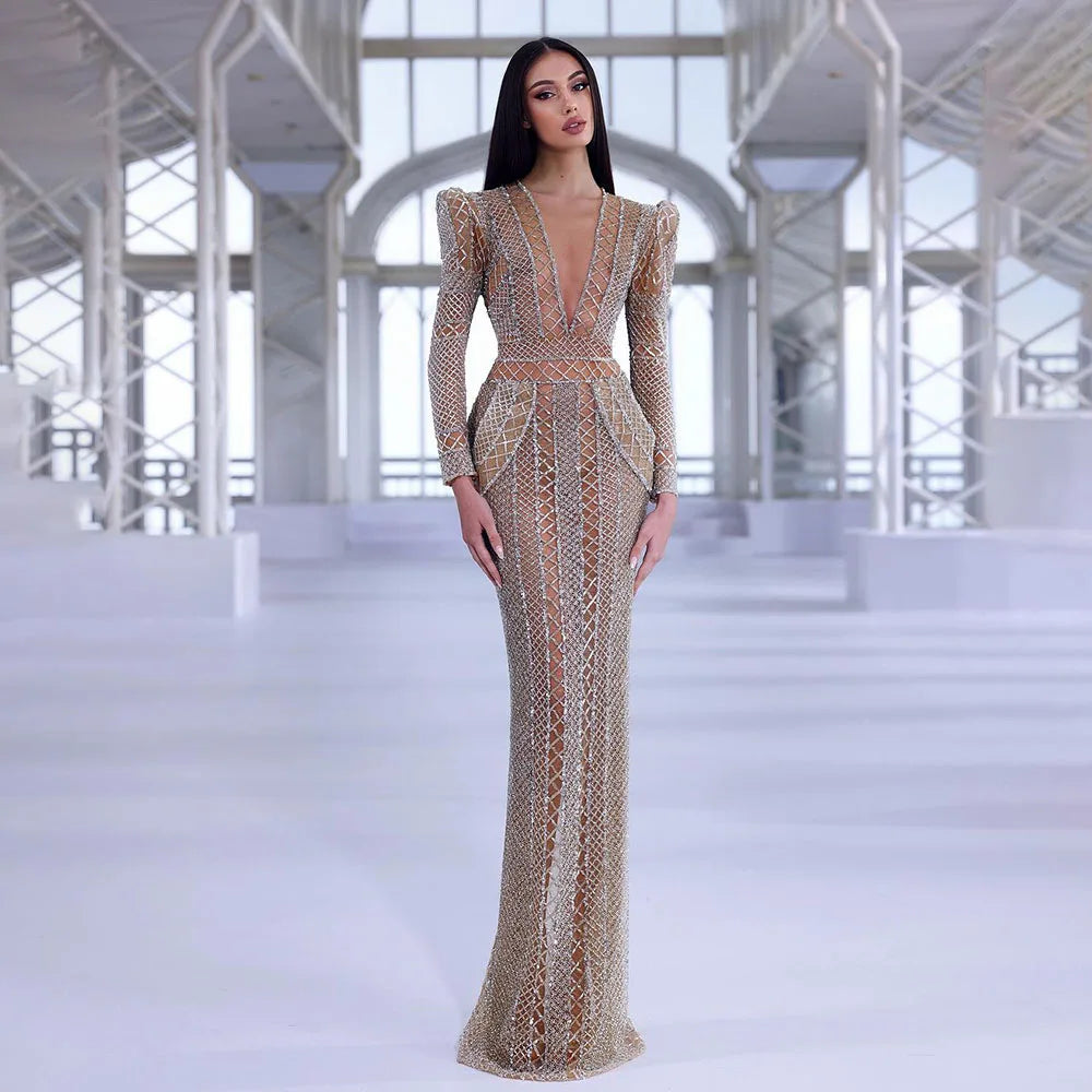 Vestidos de fiesta de boda para mujer en Dubái 2025, color beige, ilusión, encaje, cuentas, corte sirena, vestidos de noche largos LA72343 