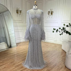 Luxury Dubai Feathers Nude Evening Dresses Long Sleeves LA72394
