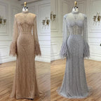 Luxury Dubai Feathers Nude Evening Dresses Long Sleeves LA72394