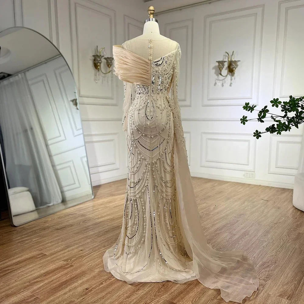 Nude Crystal Mermaid Evening Dress with Overskirt Long Sleeves LA72348