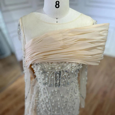 Nude Crystal Mermaid Evening Dress with Overskirt Long Sleeves LA72348