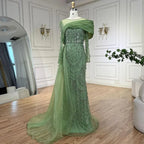 Nude Crystal Mermaid Evening Dress with Overskirt Long Sleeves LA72348