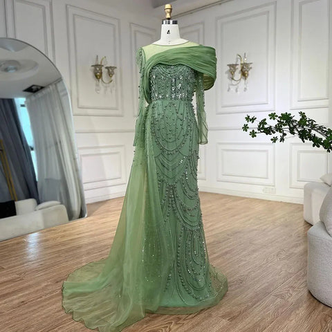 Nude Crystal Mermaid Evening Dress with Overskirt Long Sleeves LA72348