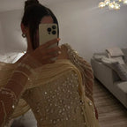 Nude Crystal Mermaid Evening Dress with Overskirt Long Sleeves LA72348