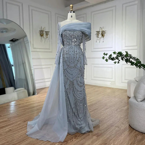 Nude Crystal Mermaid Evening Dress with Overskirt Long Sleeves LA72348