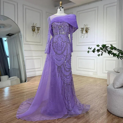 Nude Crystal Mermaid Evening Dress with Overskirt Long Sleeves LA72348