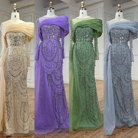 Nude Crystal Mermaid Evening Dress with Overskirt Long Sleeves LA72348