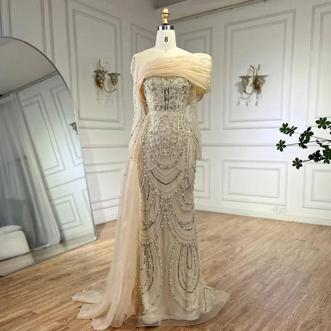 Nude Crystal Mermaid Evening Dress with Overskirt Long Sleeves LA72348