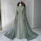 Vestido de noche de lujo para mujer, estilo sirena, color verde salvia, con mangas tipo capa y cuentas, de satén, modelo LA72413 (2025) 