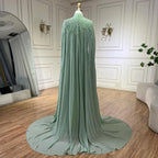 Vestido de noche de lujo para mujer, estilo sirena, color verde salvia, con mangas tipo capa y cuentas, de satén, modelo LA72413 (2025) 
