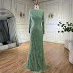 Vestido de noche de lujo para mujer, estilo sirena, color verde salvia, con mangas tipo capa y cuentas, de satén, modelo LA72413 (2025) 