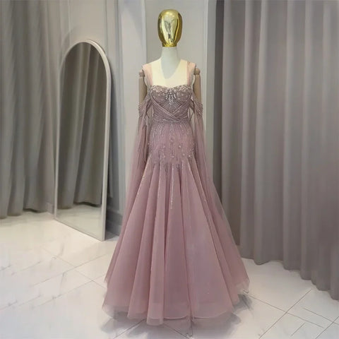 Robe de soirée trapèze rose à bretelles spaghetti et perles, avec manches cape, pour une occasion formelle, LA72726 